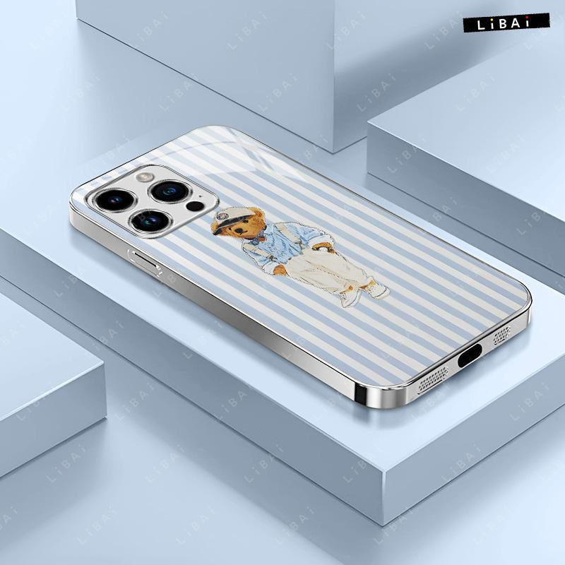 Pastel Striped Polo Bear Phone Case, Beautiful Striped Design, Preppy Style, Suitable for Iphone 17, 16, 15, 14, 13, 12, 11, 8, 7, and X Models. Trendy and Cool, Perfect for Christmas. -- 975