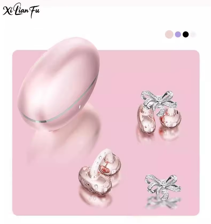 Clip-On Earbuds Wireless Bluetooth Open Ear Headphones with Detachable Crystal Bowknot Earrings, for Sports, Fitness & Workouts