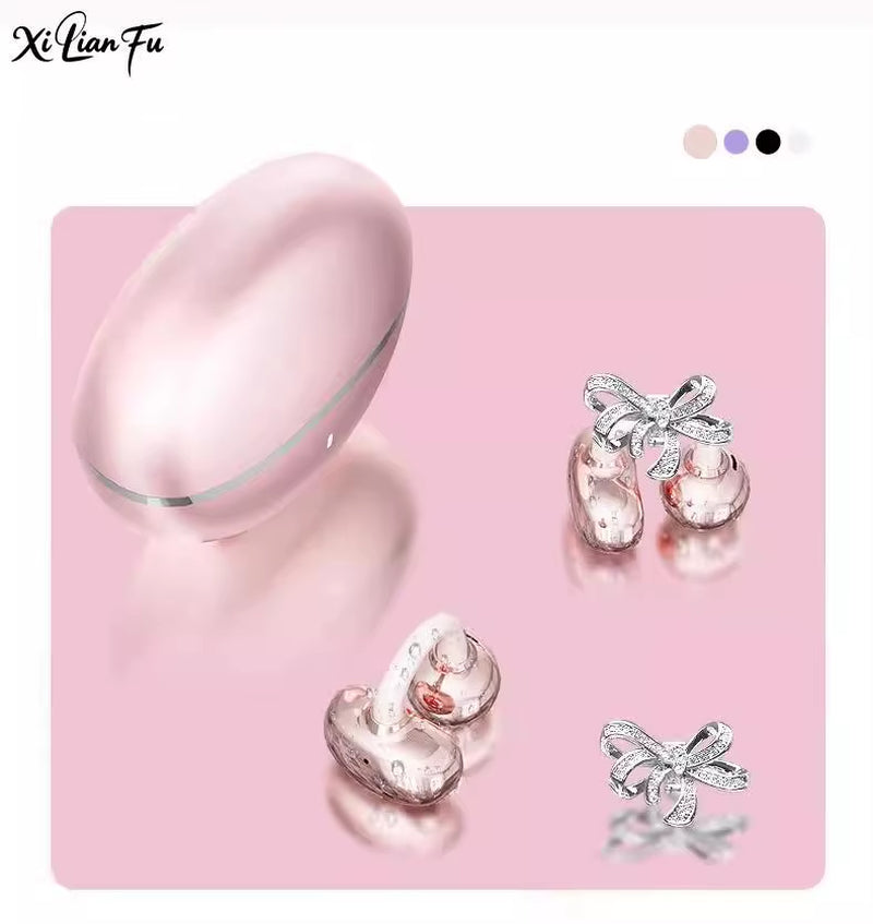 Clip-On Earbuds Wireless Bluetooth Open Ear Headphones with Detachable Crystal Bowknot Earrings, for Sports, Fitness & Workouts