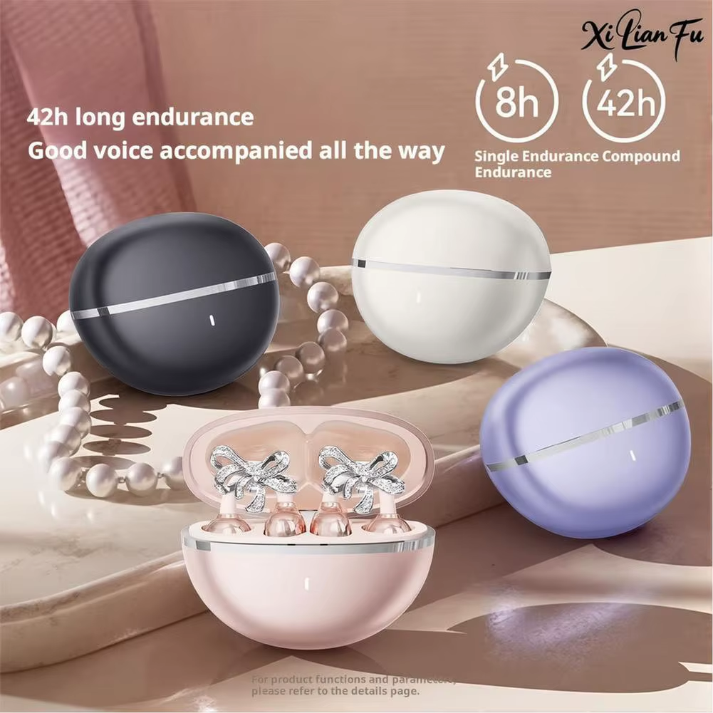 Clip-On Earbuds Wireless Bluetooth Open Ear Headphones with Detachable Crystal Bowknot Earrings, for Sports, Fitness & Workouts