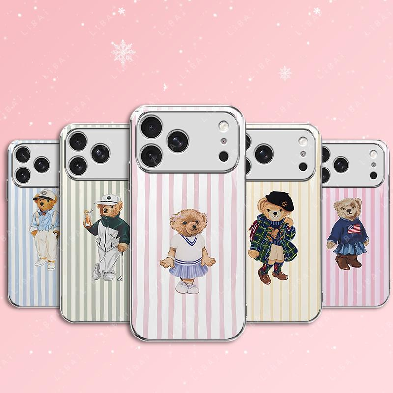Pastel Striped Polo Bear Phone Case, Beautiful Striped Design, Preppy Style, Suitable for Iphone 17, 16, 15, 14, 13, 12, 11, 8, 7, and X Models. Trendy and Cool, Perfect for Christmas. -- 975