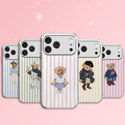 Pastel Striped Polo Bear Phone Case, Beautiful Striped Design, Preppy Style, Suitable for Iphone 17, 16, 15, 14, 13, 12, 11, 8, 7, and X Models. Trendy and Cool, Perfect for Christmas. -- 975