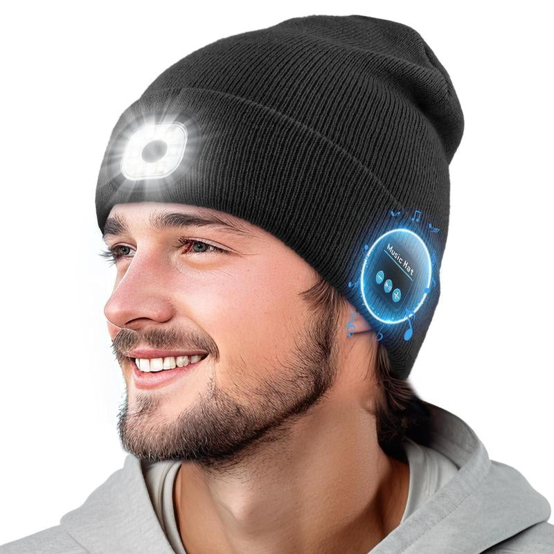 USB C Rechargeable Bluetooth Beanie with 4 LED Lights & Removable Speaker | Unisex Christmas Gift for Men, Husband, Teen, Music Lovers | Winter Warm Knit Skull Cap for Night Running, Cycling, Outdoor Sports