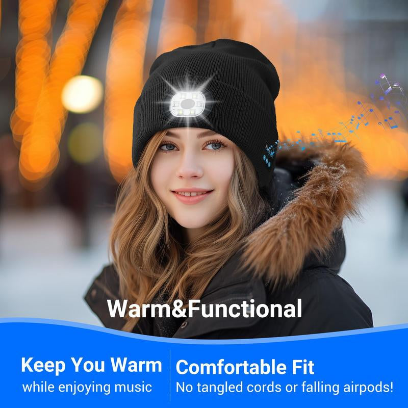 USB C Rechargeable Bluetooth Beanie with 4 LED Lights & Removable Speaker | Unisex Christmas Gift for Men, Husband, Teen, Music Lovers | Winter Warm Knit Skull Cap for Night Running, Cycling, Outdoor Sports