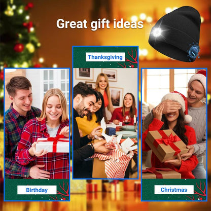 USB C Rechargeable Bluetooth Beanie with 4 LED Lights & Removable Speaker | Unisex Christmas Gift for Men, Husband, Teen, Music Lovers | Winter Warm Knit Skull Cap for Night Running, Cycling, Outdoor Sports