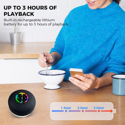 Waterproof Speaker Portable Suction Cup with LED Lights Rechargeable Bluetooth-Compatible for Home Bathroom Outdoor Shower Black Wireless Speaker，Hands-Free