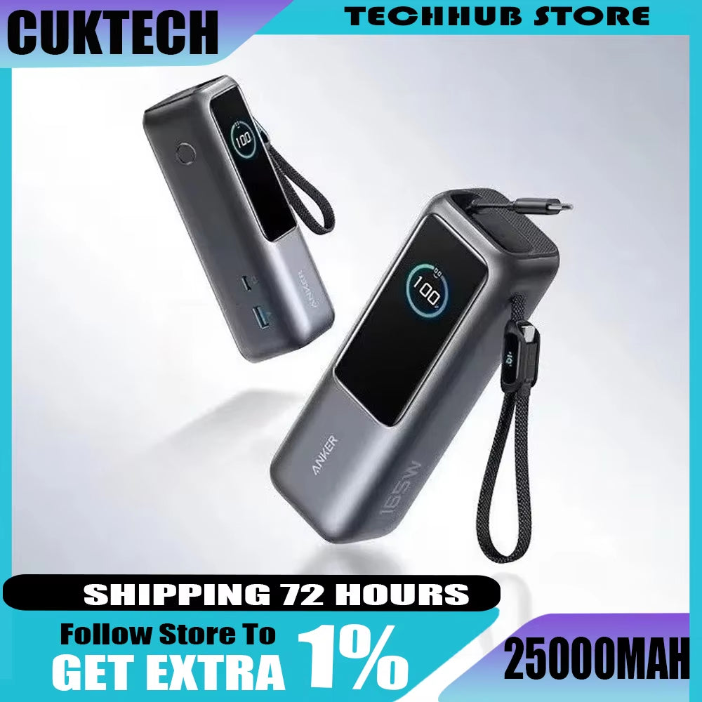 Anker Zolo Power Bank 25000Mah 165W Max Fast Charge High Capacity Retractable Cables Mobile Phone Power Bank Lightweight PC