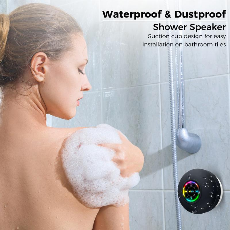 Waterproof Speaker Portable Suction Cup with LED Lights Rechargeable Bluetooth-Compatible for Home Bathroom Outdoor Shower Black Wireless Speaker，Hands-Free