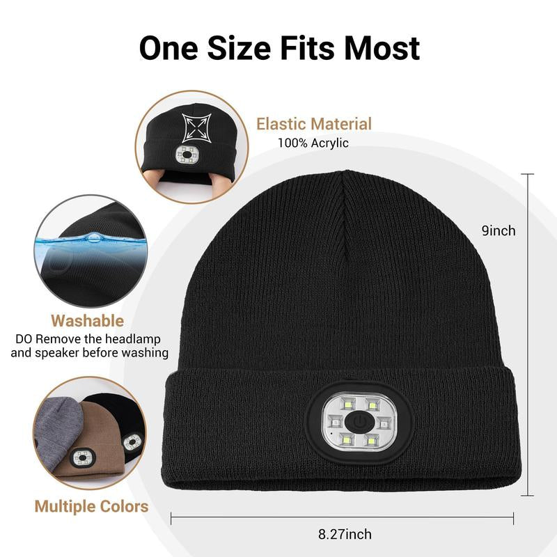 USB C Rechargeable Bluetooth Beanie with 4 LED Lights & Removable Speaker | Unisex Christmas Gift for Men, Husband, Teen, Music Lovers | Winter Warm Knit Skull Cap for Night Running, Cycling, Outdoor Sports