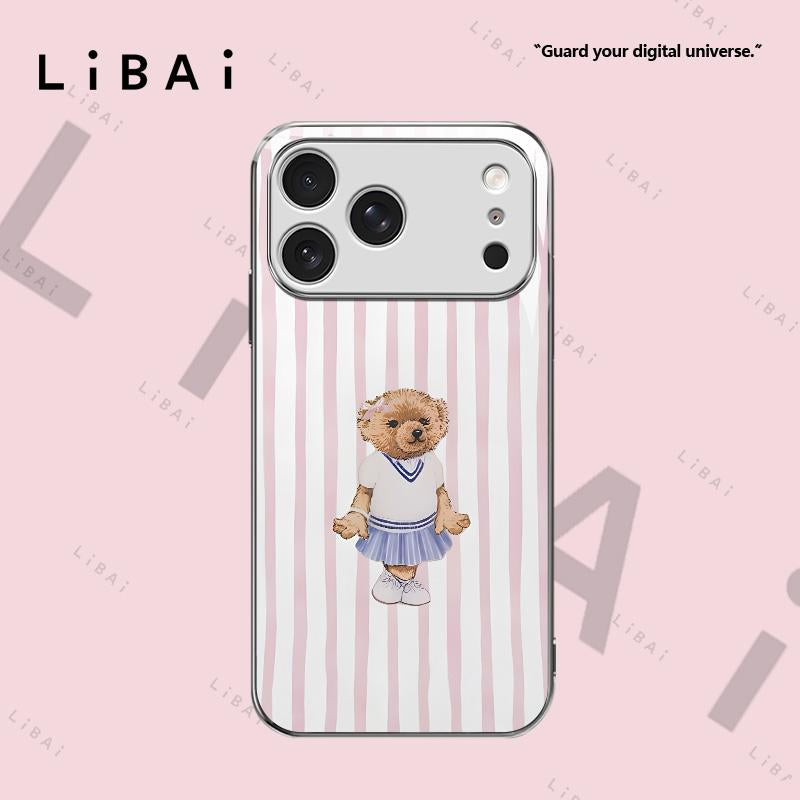 Pastel Striped Polo Bear Phone Case, Beautiful Striped Design, Preppy Style, Suitable for Iphone 17, 16, 15, 14, 13, 12, 11, 8, 7, and X Models. Trendy and Cool, Perfect for Christmas. -- 975
