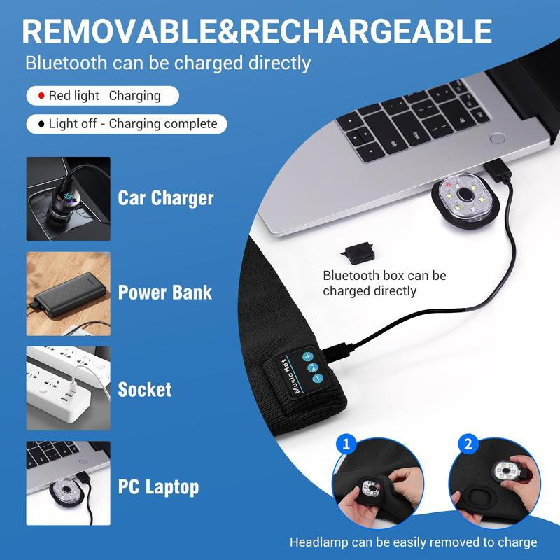 USB C Rechargeable Bluetooth Beanie with 4 LED Lights & Removable Speaker | Unisex Christmas Gift for Men, Husband, Teen, Music Lovers | Winter Warm Knit Skull Cap for Night Running, Cycling, Outdoor Sports