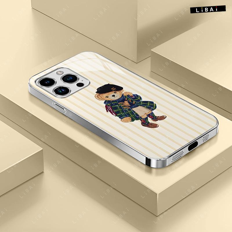 Pastel Striped Polo Bear Phone Case, Beautiful Striped Design, Preppy Style, Suitable for Iphone 17, 16, 15, 14, 13, 12, 11, 8, 7, and X Models. Trendy and Cool, Perfect for Christmas. -- 975