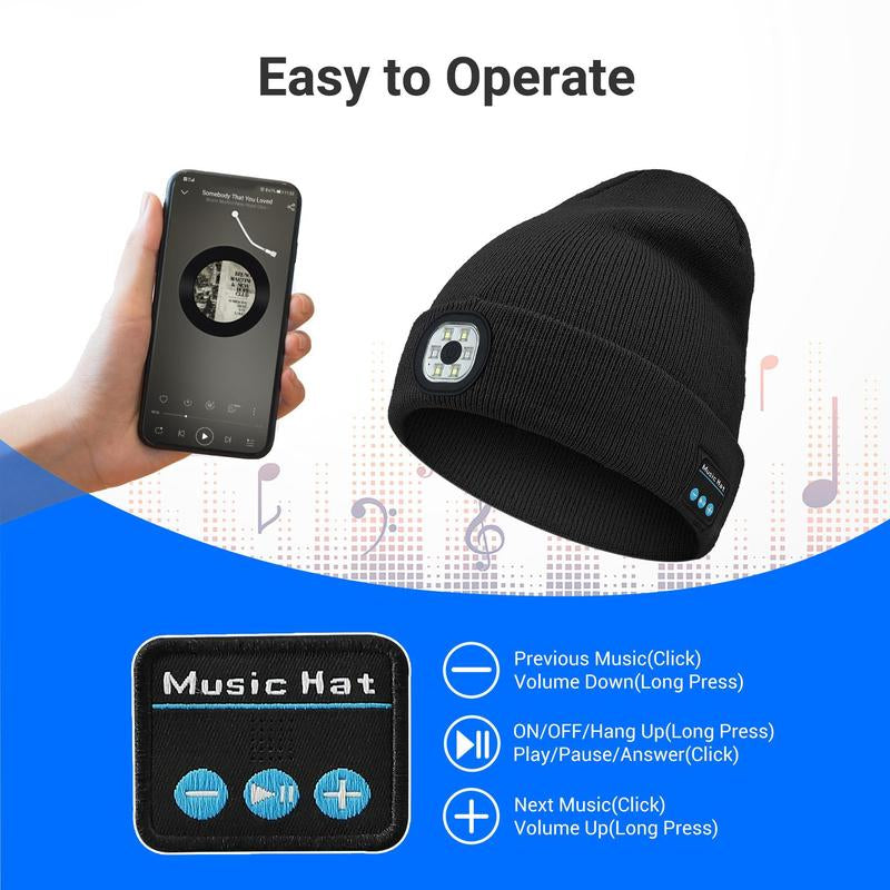 USB C Rechargeable Bluetooth Beanie with 4 LED Lights & Removable Speaker | Unisex Christmas Gift for Men, Husband, Teen, Music Lovers | Winter Warm Knit Skull Cap for Night Running, Cycling, Outdoor Sports