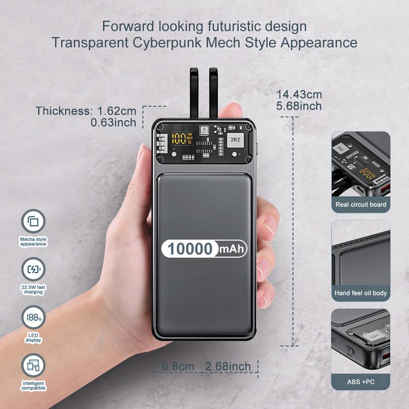 1 Piece 6.8 * 1.62 * 14.43Cm/2.68 * 0.63 * 5.68Inch 10000Mah Large Capacity Intelligent Super Fast Charging Mobile Power Bank, Mechanical Style Appearance, LED Display Screen, ABS+PC Material, Can Charge Four Devices at the Same Time