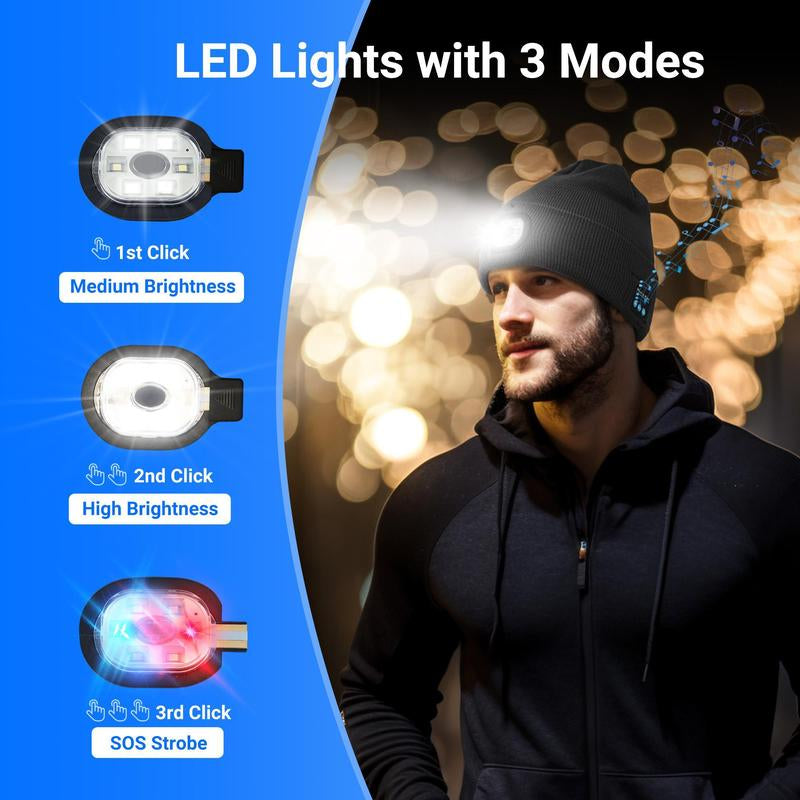 USB C Rechargeable Bluetooth Beanie with 4 LED Lights & Removable Speaker | Unisex Christmas Gift for Men, Husband, Teen, Music Lovers | Winter Warm Knit Skull Cap for Night Running, Cycling, Outdoor Sports