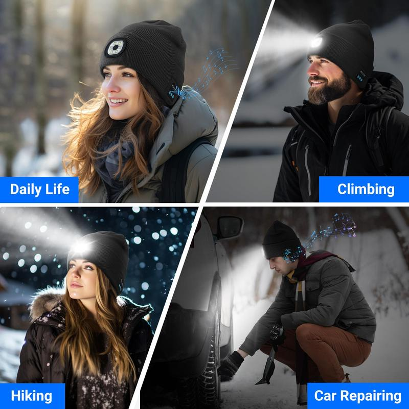 USB C Rechargeable Bluetooth Beanie with 4 LED Lights & Removable Speaker | Unisex Christmas Gift for Men, Husband, Teen, Music Lovers | Winter Warm Knit Skull Cap for Night Running, Cycling, Outdoor Sports
