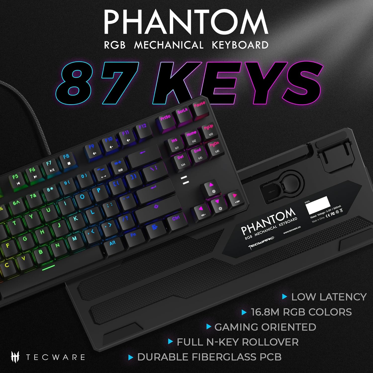 Phantom 87 Key RGB Mechanical Gaming Keyboard | Outemu Red Switch | 16.8M Color LED Lighting | 18 Pre-Set | Low Latency | N-Key Rollover | Software Customizable Keys | Wired USB Connection