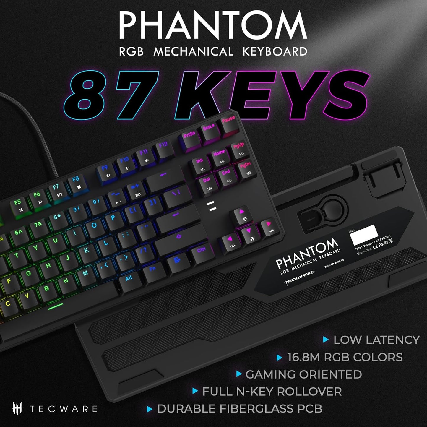 Phantom 87 Key RGB Mechanical Gaming Keyboard | Outemu Red Switch | 16.8M Color LED Lighting | 18 Pre-Set | Low Latency | N-Key Rollover | Software Customizable Keys | Wired USB Connection