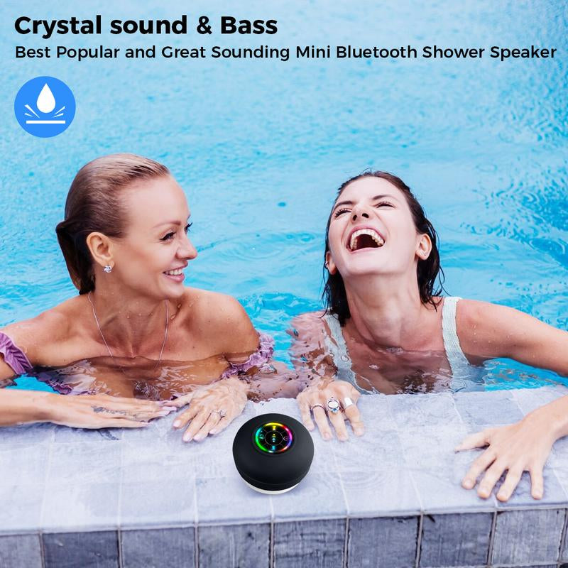 Waterproof Speaker Portable Suction Cup with LED Lights Rechargeable Bluetooth-Compatible for Home Bathroom Outdoor Shower Black Wireless Speaker，Hands-Free