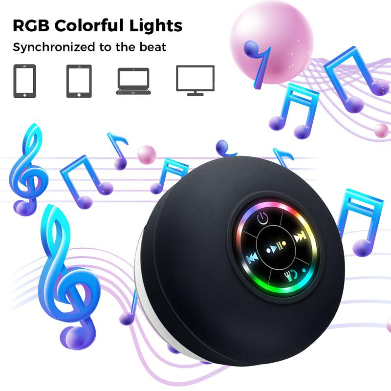 Waterproof Speaker Portable Suction Cup with LED Lights Rechargeable Bluetooth-Compatible for Home Bathroom Outdoor Shower Black Wireless Speaker，Hands-Free