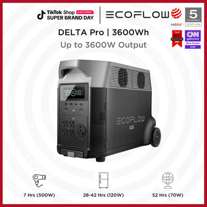 DELTA Pro, 3600Wh, 3600W Output, Ecoflow Portable Power Station, 2.7H to Full Charge, 5 AC Outlets, 120V LFP Battery with Expandable Capacity