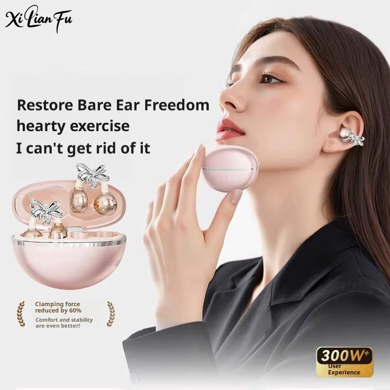 Clip-On Earbuds Wireless Bluetooth Open Ear Headphones with Detachable Crystal Bowknot Earrings, for Sports, Fitness & Workouts