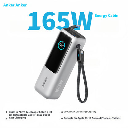Anker Zolo Power Bank 25000Mah 165W Max Fast Charge High Capacity Retractable Cables Mobile Phone Power Bank Lightweight PC