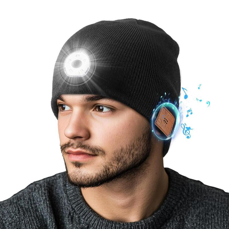 USB C Rechargeable Bluetooth Beanie with 4 LED Lights & Removable Speaker | Unisex Christmas Gift for Men, Husband, Teen, Music Lovers | Winter Warm Knit Skull Cap for Night Running, Cycling, Outdoor Sports