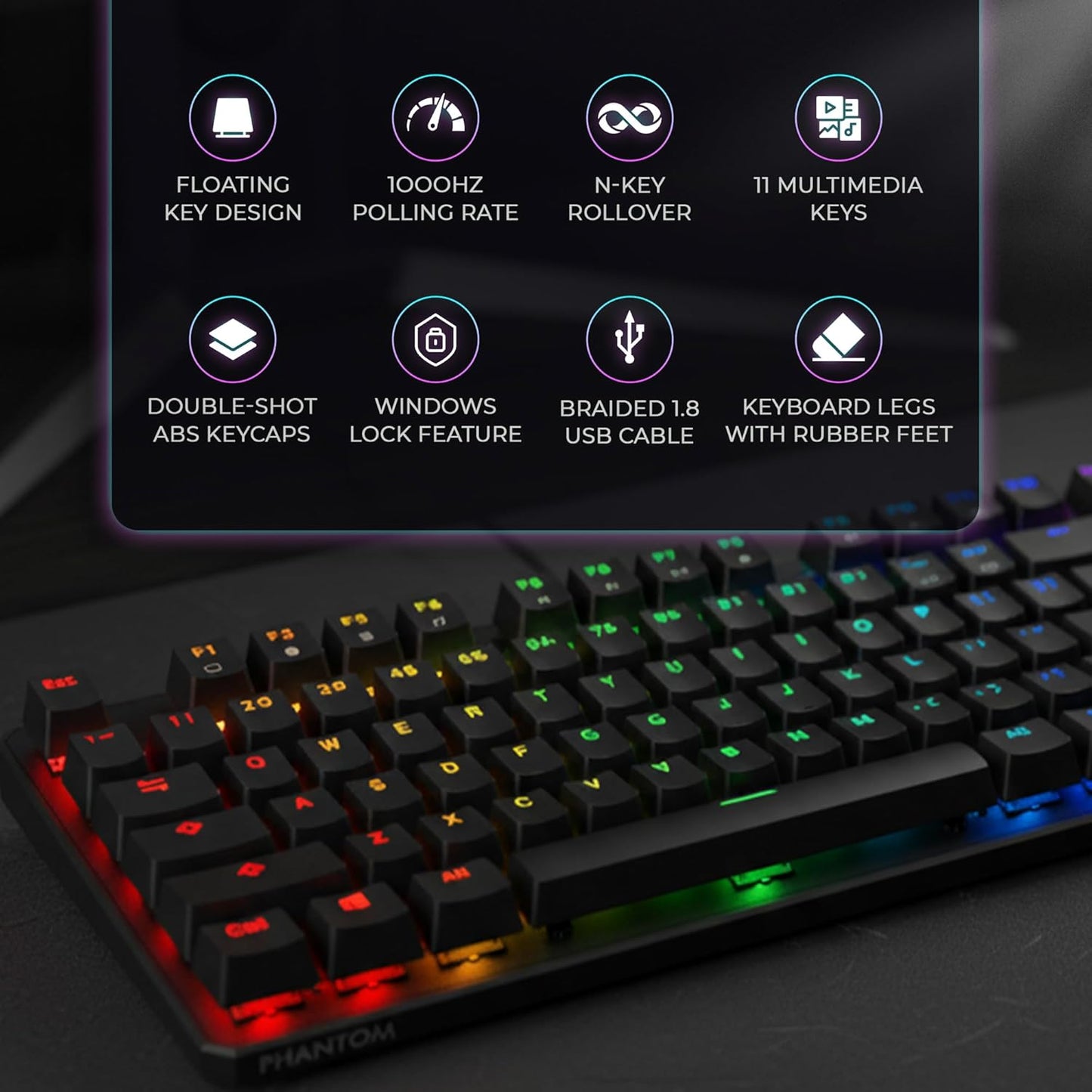 Phantom 87 Key RGB Mechanical Gaming Keyboard | Outemu Red Switch | 16.8M Color LED Lighting | 18 Pre-Set | Low Latency | N-Key Rollover | Software Customizable Keys | Wired USB Connection