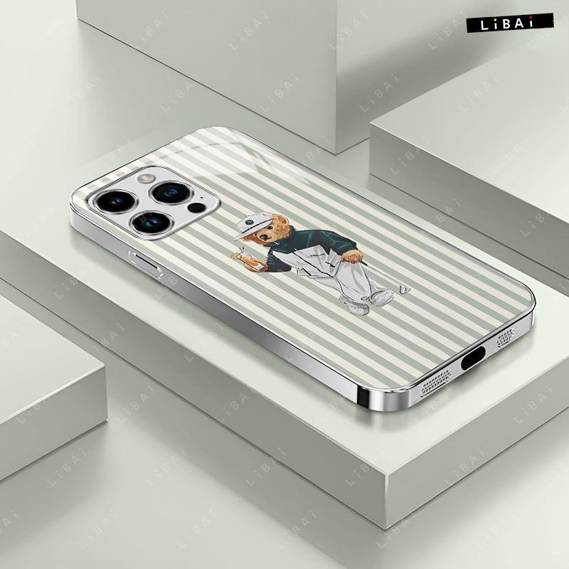 Pastel Striped Polo Bear Phone Case, Beautiful Striped Design, Preppy Style, Suitable for Iphone 17, 16, 15, 14, 13, 12, 11, 8, 7, and X Models. Trendy and Cool, Perfect for Christmas. -- 975