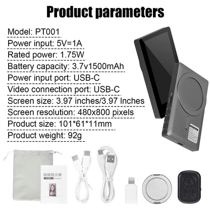 Wireless Magnetic Monitor Screen for Using Phone Rear Camera for Smartphone Selfie Vlog Live Stream Video Recording