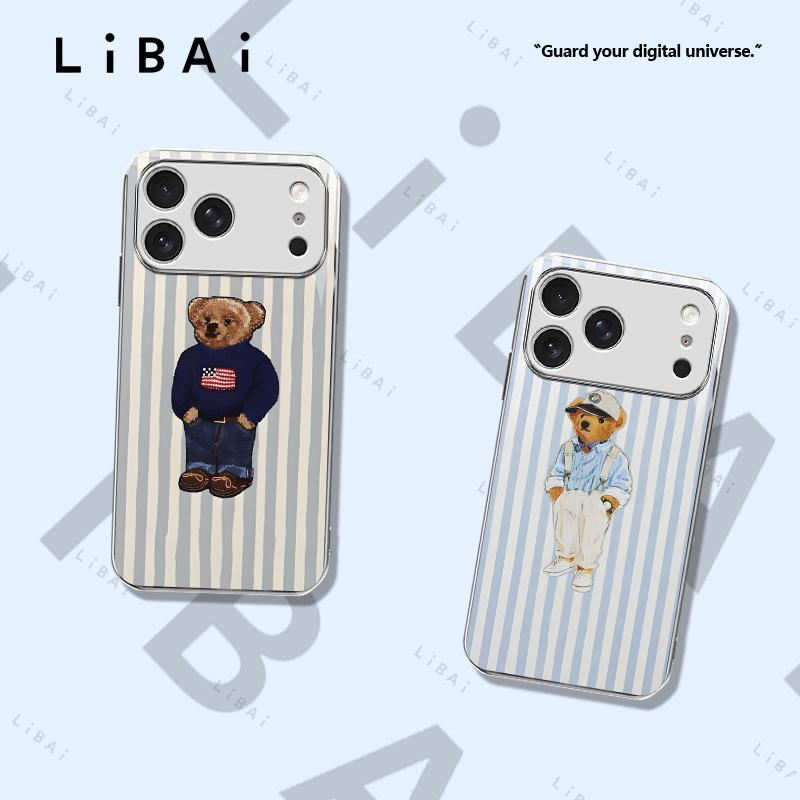 Pastel Striped Polo Bear Phone Case, Beautiful Striped Design, Preppy Style, Suitable for Iphone 17, 16, 15, 14, 13, 12, 11, 8, 7, and X Models. Trendy and Cool, Perfect for Christmas. -- 975