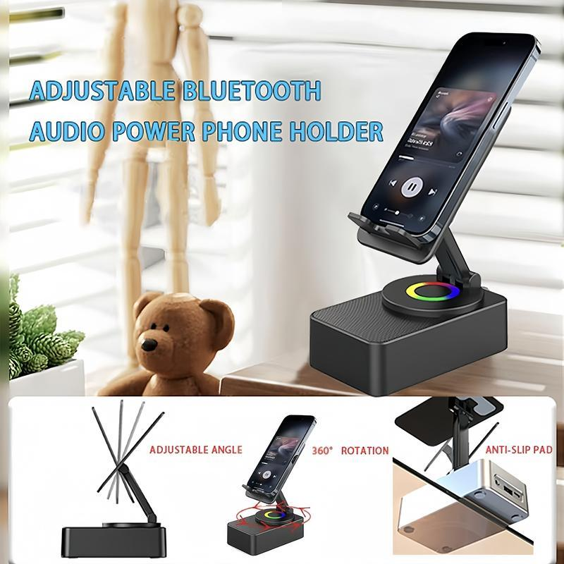 Wireless Audio Bluetooth Speaker 5In1 Phone Holder Emergency Rechargeable Withcolorful Ambient Light 300° Foldable for Tablet Iphone Android, Gifts for Men Women ，Black