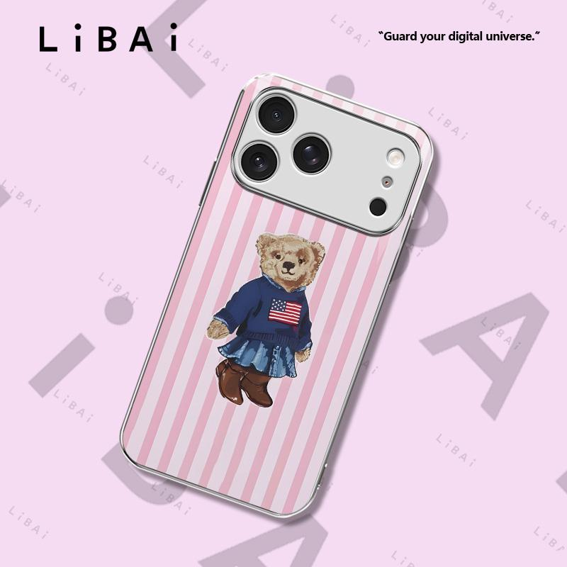 Pastel Striped Polo Bear Phone Case, Beautiful Striped Design, Preppy Style, Suitable for Iphone 17, 16, 15, 14, 13, 12, 11, 8, 7, and X Models. Trendy and Cool, Perfect for Christmas. -- 975