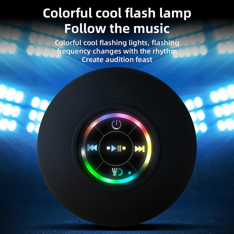Waterproof Speaker Portable Suction Cup with LED Lights Rechargeable Bluetooth-Compatible for Home Bathroom Outdoor Shower Black Wireless Speaker，Hands-Free