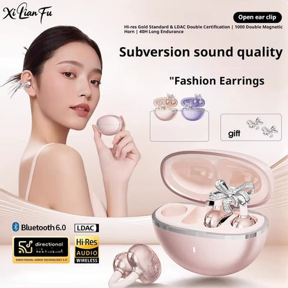 Clip-On Earbuds Wireless Bluetooth Open Ear Headphones with Detachable Crystal Bowknot Earrings, for Sports, Fitness & Workouts
