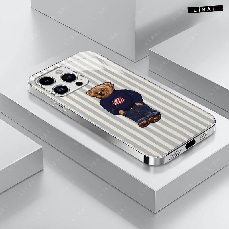Pastel Striped Polo Bear Phone Case, Beautiful Striped Design, Preppy Style, Suitable for Iphone 17, 16, 15, 14, 13, 12, 11, 8, 7, and X Models. Trendy and Cool, Perfect for Christmas. -- 975