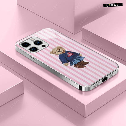 Pastel Striped Polo Bear Phone Case, Beautiful Striped Design, Preppy Style, Suitable for Iphone 17, 16, 15, 14, 13, 12, 11, 8, 7, and X Models. Trendy and Cool, Perfect for Christmas. -- 975